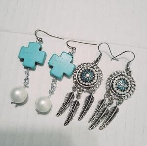 Turquoise cross earrings with pearl accents and dreamcatcher-style‎ earrings